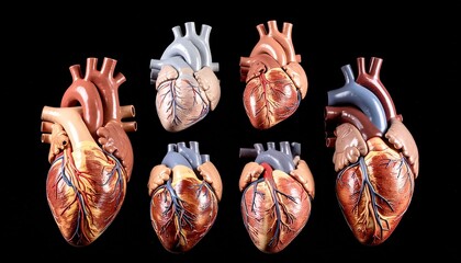 "Four anatomical human heart models with visible arteries and veins, displayed side by side against a dark background in varying shades of red and gray."