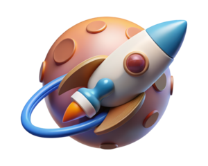Cartoon rocket launching from planet with ring 3d illustration isolated on transparent background