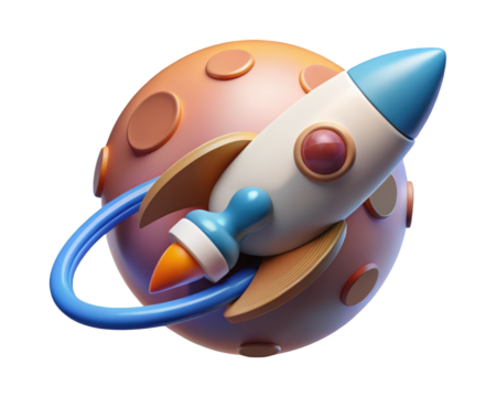 Cartoon rocket launching from planet with ring 3d illustration isolated on transparent background - Powered by Adobe