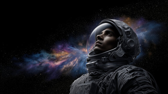 Detailed side view of an astronaut in a high-tech suit surrounded by infinite stars, nebula colors painted across the sky, looking upward with curiosity and hope space mission, ast