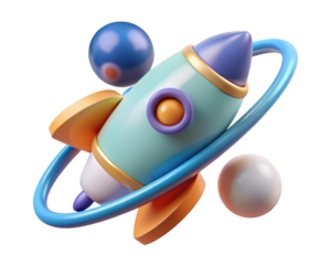 Cartoon rocket with planets digital illustration concept modern graphic design element childrens art object rendered space exploration theme 3d illustration isolated on transparent background