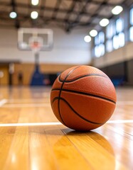 Naklejka premium Basketball on hardwood floor in gymnasium