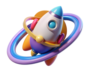 Cartoon rocketship with planet orbiting space exploration and innovation symbolism 3d illustration isolated on transparent background