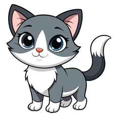 Vector art of cute cartoon kitten with big blue eyes and fluffy tail, isolated on white background
