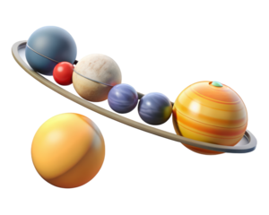 Cartoon solar system planets arrangement with rings and sun spheres 3d illustration isolated on transparent background