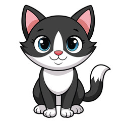 Vector art of cute cartoon tuxedo kitten sitting and looking forward, isolated on white background