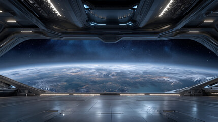 Futuristic spaceship hangar with panoramic view of Earth from orbit, advanced starships parked inside, sleek metallic interior, cinematic lighting, ultra-realistic sci-fi concept s