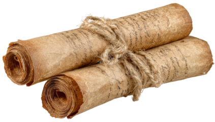 Aged scrolls tied with twine.  Two ancient scrolls, light brown parchment, tightly rolled, bound with a natural fiber rope, displaying faded, dark ink writing