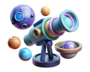 Cartoon telescope with planets floating in space adventure and discovery exploration theme 3d illustration isolated on transparent background