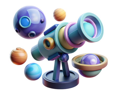 Cartoon telescope with planets floating in space adventure and discovery exploration theme 3d illustration isolated on transparent background