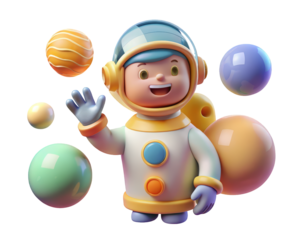 Cheerful cartoon astronaut waving surrounded by floating planets in space 3d illustration isolated on transparent background