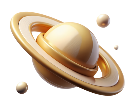 Cream and gold saturn planet with moons against backdrop 3d illustration isolated on transparent background - Powered by Adobe