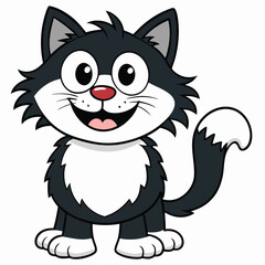 Vector art of cute cartoon black and white tuxedo kitten with big eyes and a happy smile, isolated on white background