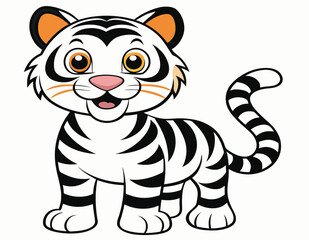 Vector art of cute cartoon white tiger cub with black stripes, smiling and sitting, isolated on white background