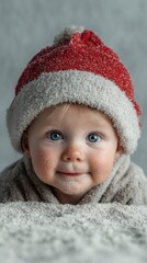 Baby with bright blue eyes wearing red and white winter hat smiles amid faux snow decoration during festive season