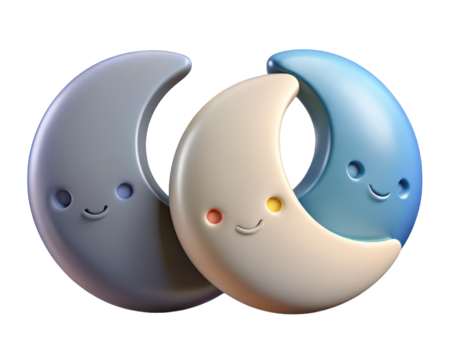 Cute crescent moon characters smiling together in pastel shades 3d illustration isolated on transparent background