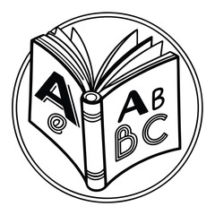 Vector art of open book with letters a, ab, bc and abc inside a circle, isolated on white background
