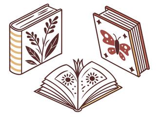 Vector art of three stylized books, one open and two closed, featuring decorative designs like a butterfly and botanical elements, isolated on a white background