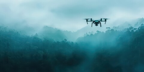 A drone hovers over a misty forest, capturing aerial views amidst the lush greenery and tranquil atmosphere of nature.
