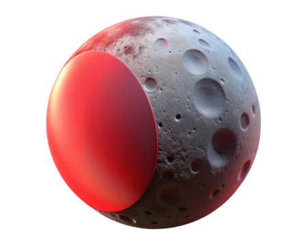 Digital rendering of a moon intersected by a sphere cosmic scene exploration 3d illustration isolated on transparent background
