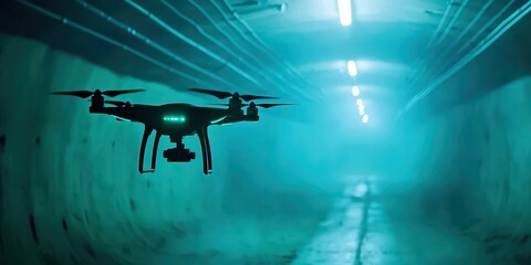 A drone flies through a dimly lit tunnel, illuminated by blue lights, showcasing a blend of technology and industrial environment.