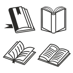 Vector art of collection of four open and closed books, representing reading, education, and knowledge, isolated on white background