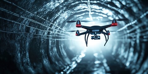 A drone navigates through a dark tunnel, illuminated by light, showcasing advanced technology in a unique environment.
