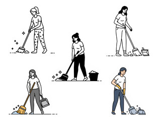 Cartoon Figures Performing Cleaning Tasks with Broom and Dustpan