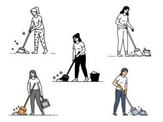 Cartoon Figures Performing Cleaning Tasks with Broom and Dustpan
