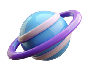 Glossy blue planet with purple rings digital rendering 3d illustration isolated on transparent background