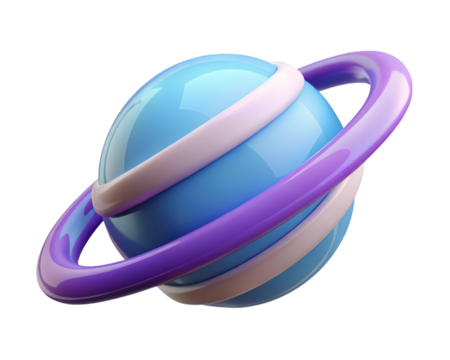 Glossy blue planet with purple rings digital rendering 3d illustration isolated on transparent background - Powered by Adobe