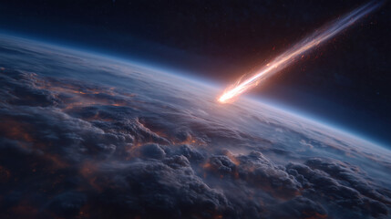 Gigantic meteor entering Earth's atmosphere, trailing fire and smoke, dramatic view from space above the planet's surface, cinematic doomsday scene meteor impact, asteroid fire tra