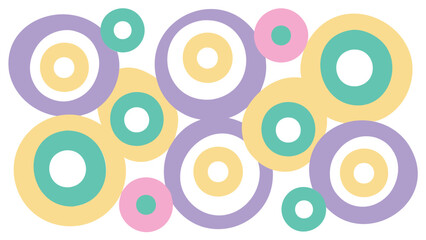 Illustration of multiple concentric circles in pastel shades arranged randomly on a white background