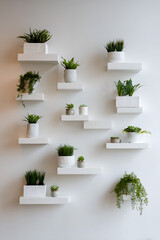 Modern white shelves displaying various green potted plants
