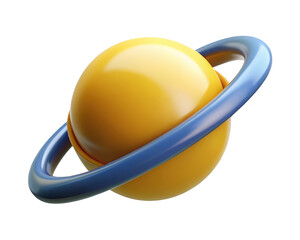Glossy yellow planet with blue ring orbiting isolated graphic 3d illustration isolated on transparent background