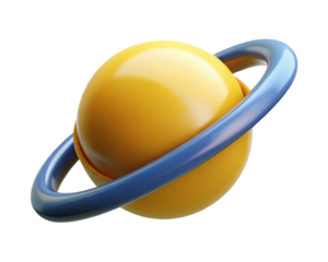 Glossy yellow planet with blue ring orbiting isolated graphic 3d illustration isolated on transparent background