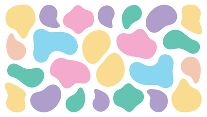 Pastel colored blob shapes scattered randomly across a white background creating a pattern design