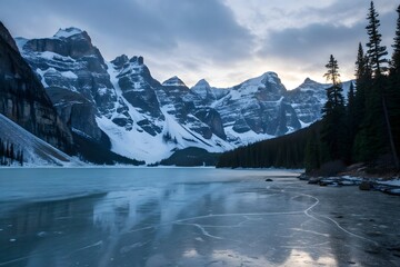 Majestic snow capped mountains reflected in a frozen lake at dusk