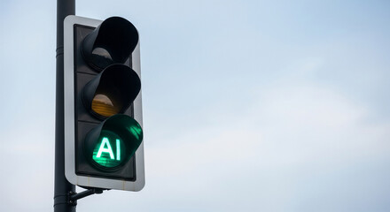 A traffic light with the word "AI" lit green against a blue sky