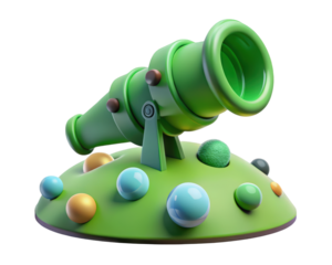 Green cartoon cannon on hill surreal concept whimsical design 3d illustration isolated on transparent background