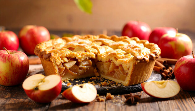 A delicious homemade apple pie and lots of fresh apples placed on a wooden table