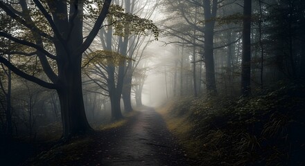 Mysterious misty forest path beckons with atmospheric light creating an enchanting, serene natural adventure scene
