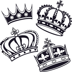 Obraz premium Vector art of collection of four distinct crowns, symbolizing royalty and power, isolated on a white background