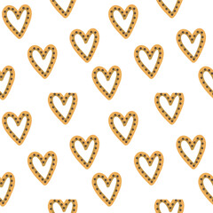 Seamless pattern with golden pretzel hearts in a whimsical and playful style. Ideal for bakery packaging, sweet treats wrapping, Valentine decorations and food-themed designs.