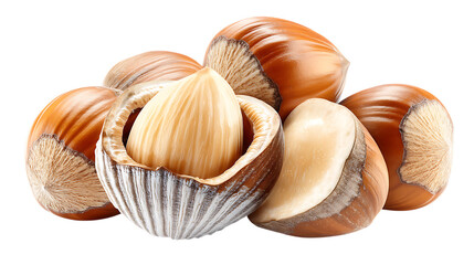 Close up of whole and shelled hazelnuts isolated on white or transparent png