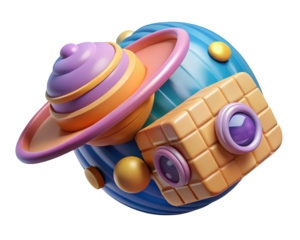 Playful of cartoon planet with camera and rings 3d illustration isolated on transparent background