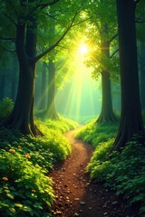 Naklejka premium A winding path through a lush forest leads towards a bright, sunlit clearing, symbolizing a journey of self-discovery and growth The path is the focus, representing the process , nature, progress