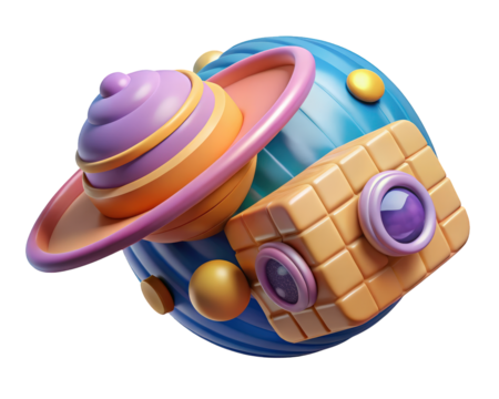 Playful of cartoon planet with camera and rings 3d illustration isolated on transparent background