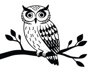 Vector art of a black and white illustration of an owl perched on a tree branch, isolated on white background