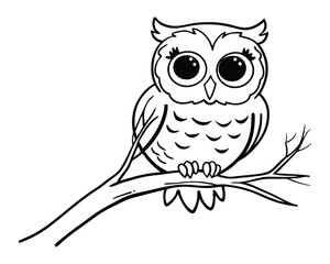 Vector art of cute cartoon owl sitting on a tree branch, black and white illustration, isolated on white background